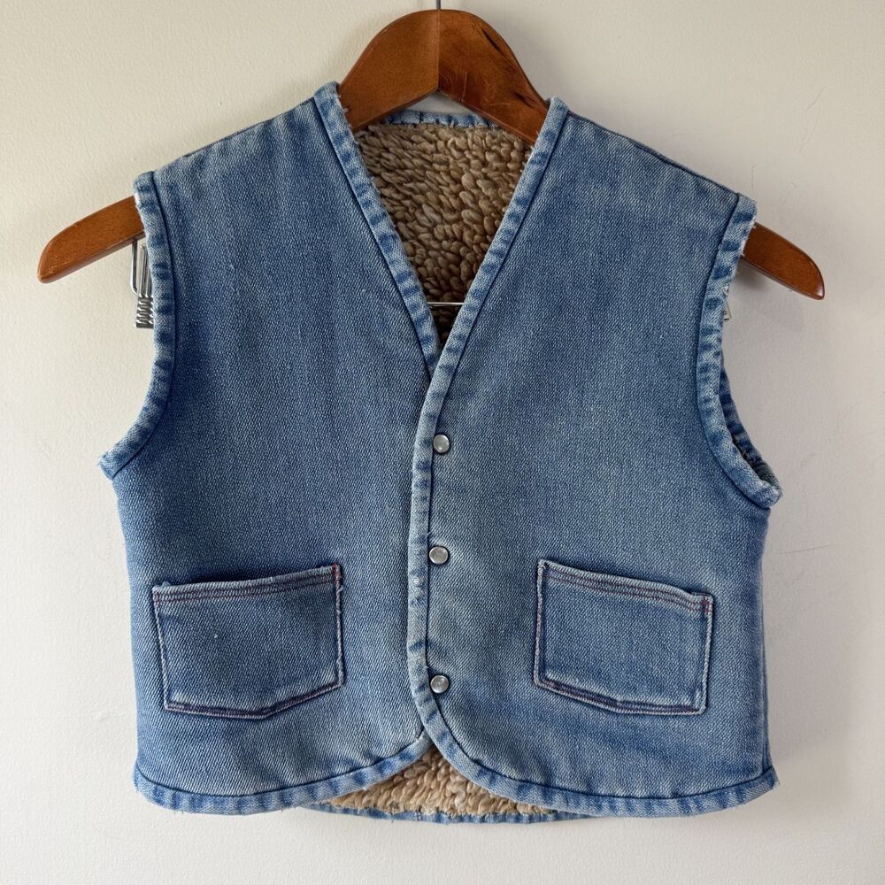 Vintage Light Wash Denim Sherpa Lined Cropped Western Vest, Kids Youth